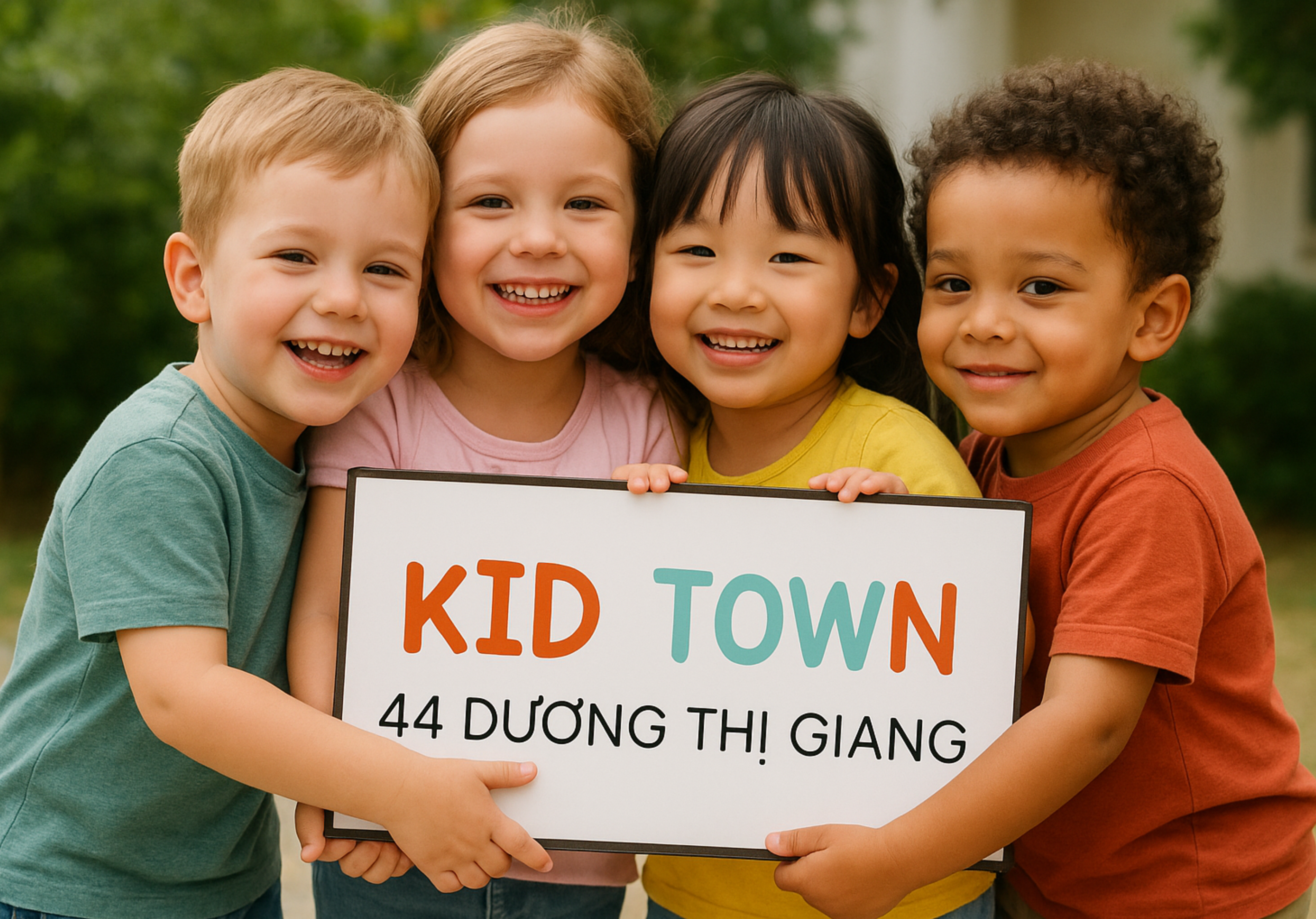 Happy children holding KID TOWN sign